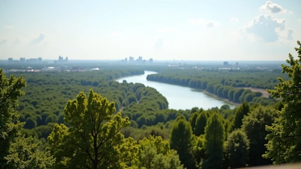 Skats no augstuma uz parku, upes līkumi, Rīga dūmiem