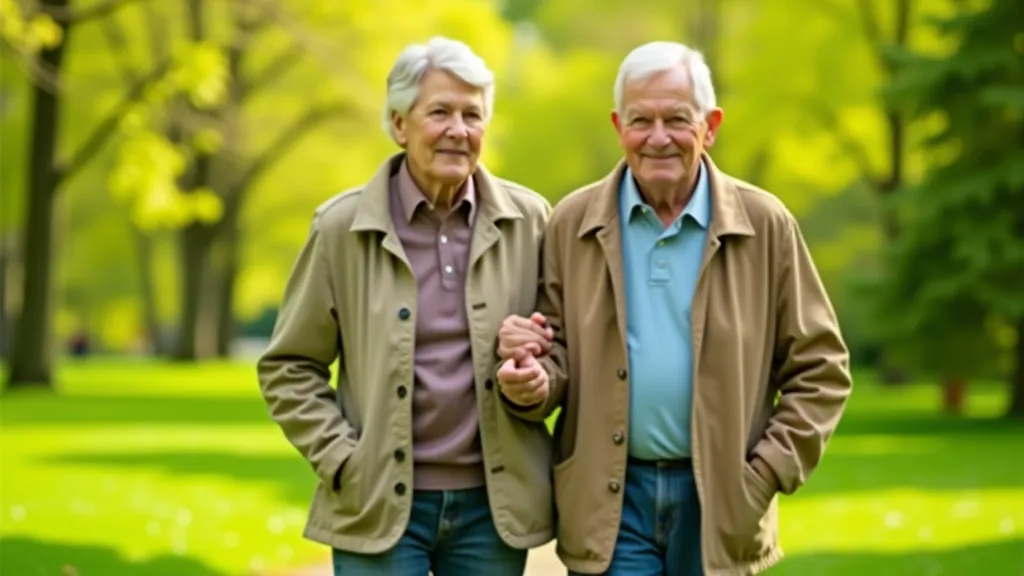 Seniori pastaigā Uzvaras parkā saulainā dienā ar skaistu fonu