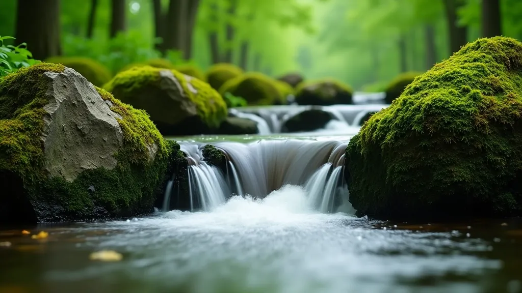 Ūdenskritums parkā, ūdens tek no akmens, apkārtne zaļa