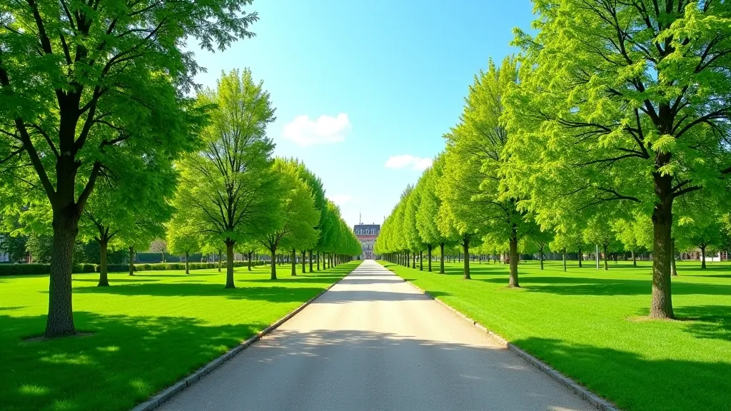 Skaists parks ar zaļiem kokiem un paved ceļu